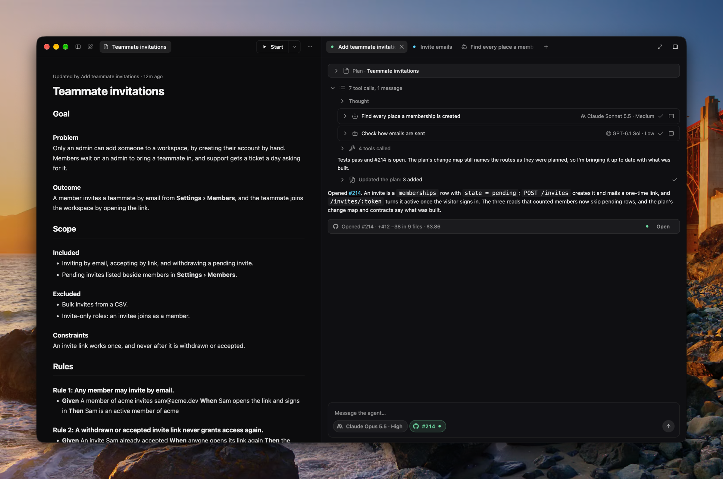 A coding agent's transcript with two subagent rows, each naming its model and effort, and one worker open in a tab of its own beside the plan.