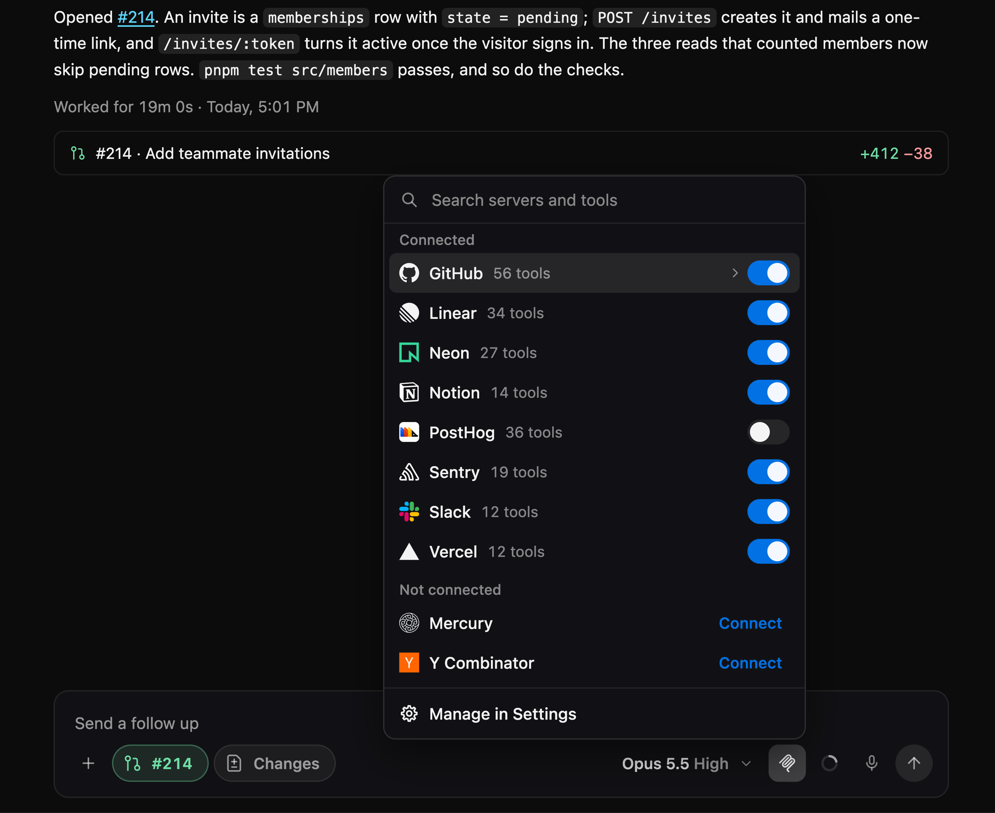 The MCP popover open over a coding agent's message box: its servers under Connected with their tool counts and this agent's switches, PostHog's off, and Mercury and Y Combinator under Not connected with Connect.